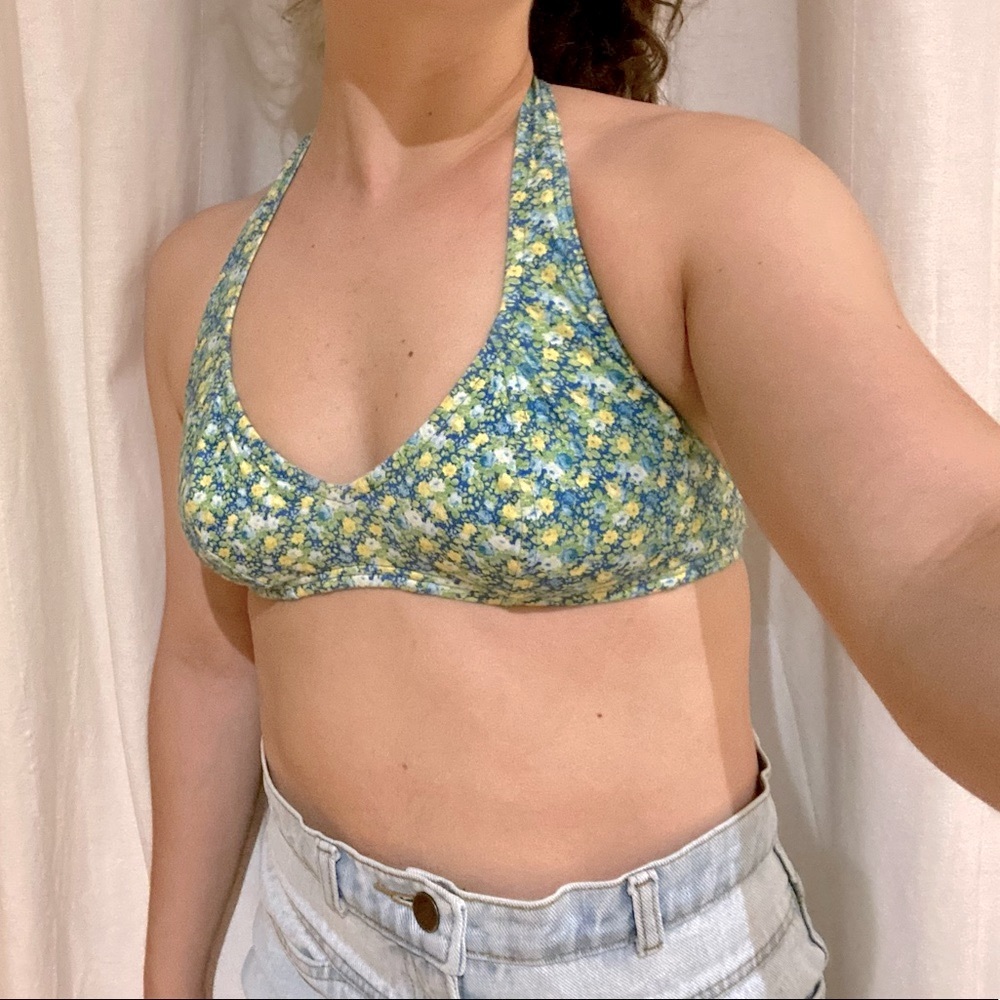 Vintage Floral Bikini Top in Green, Blue, and Yellow